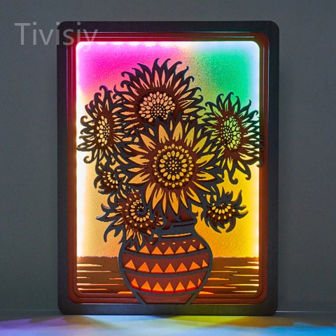 Van Gogh series - The Paris Sunflowers LED Wooden Night Light Gift for Home Desktop Decor